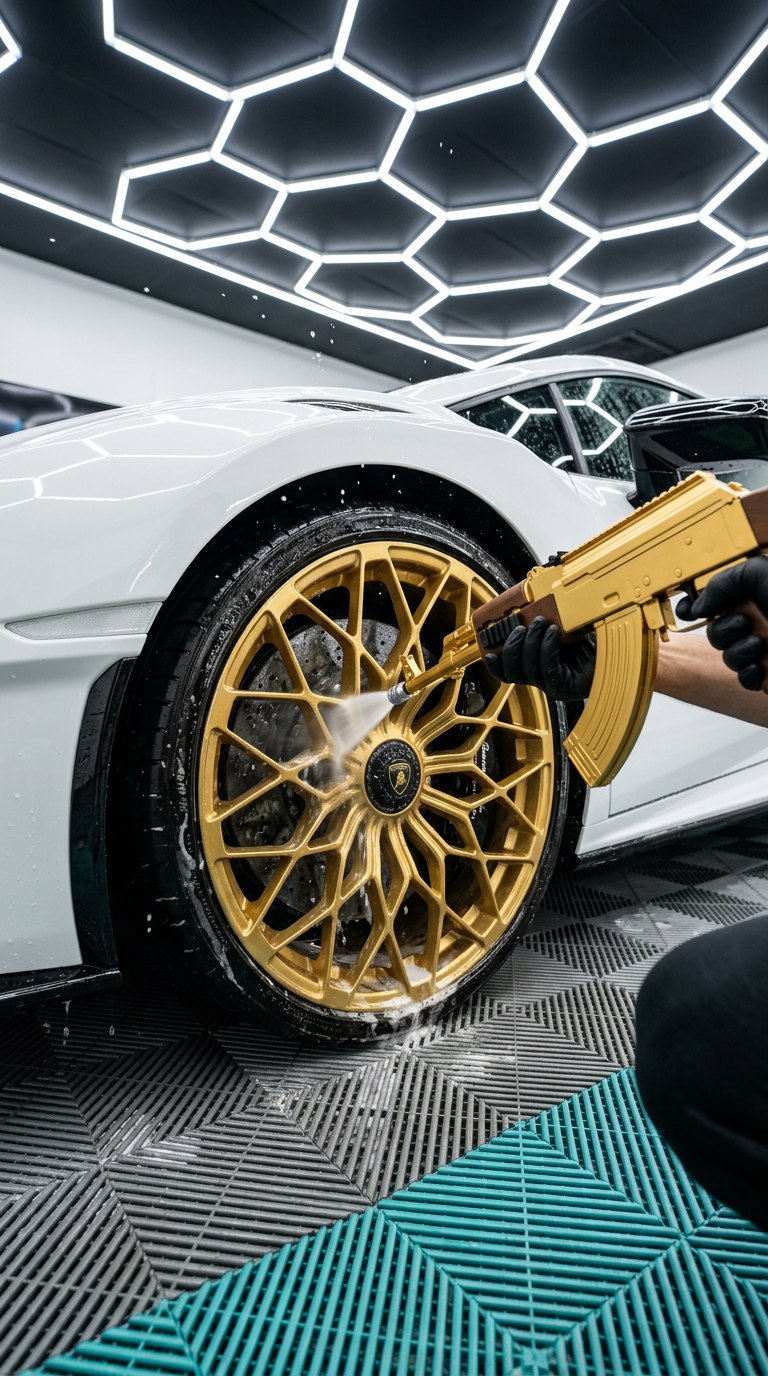 Blasting a sudsy gold wheel
