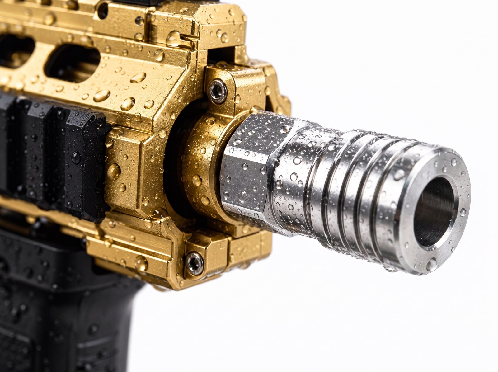 Water-beaded gold handguard and chrome tip