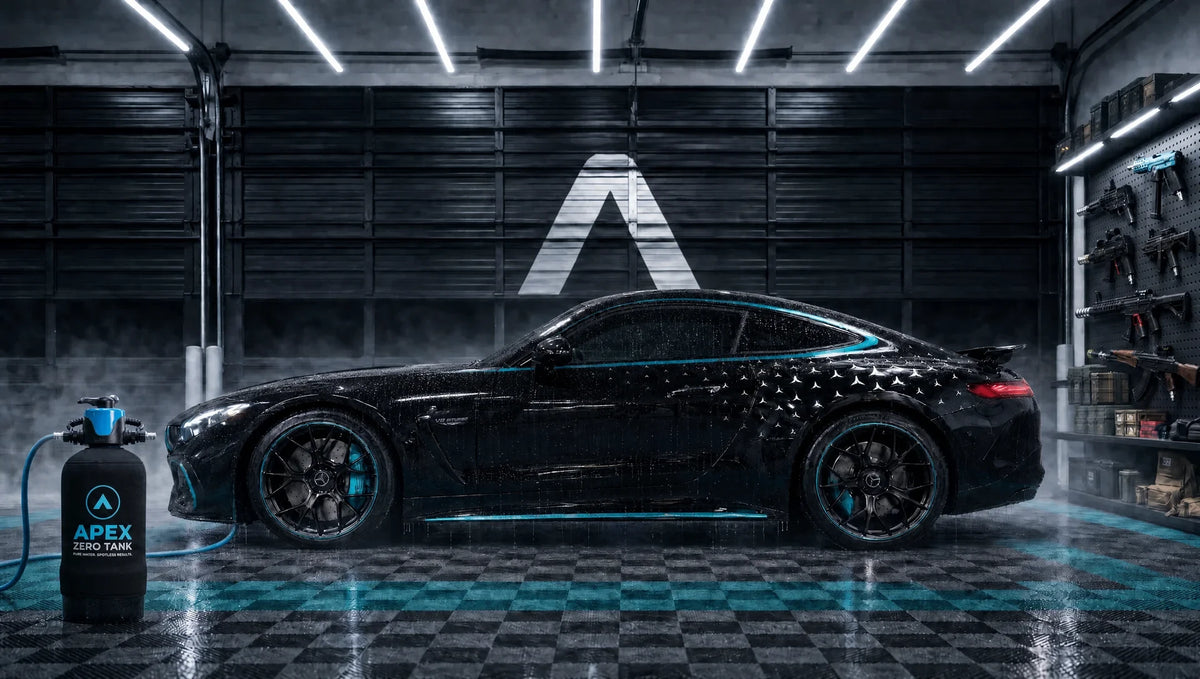 Apex Wash garage — Zero Tank rinsing a black coupe beside the finish wall