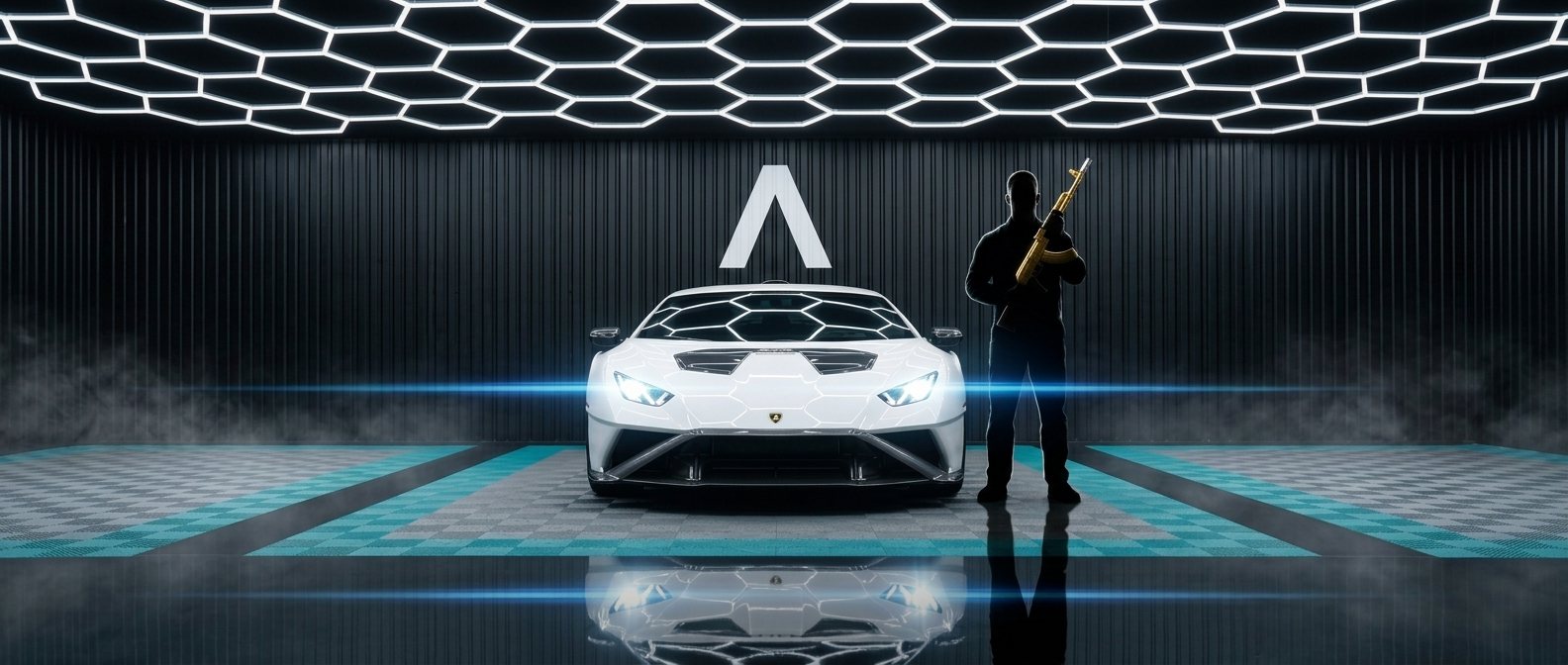 Guard stance with Dynasty before the white supercar under the A logo