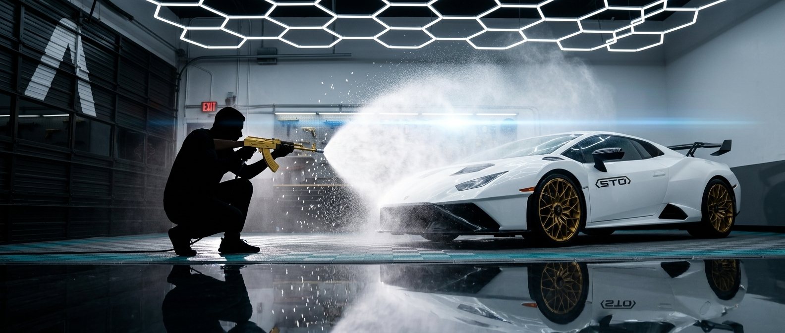 Silhouetted detailer firing a spray plume at the supercar