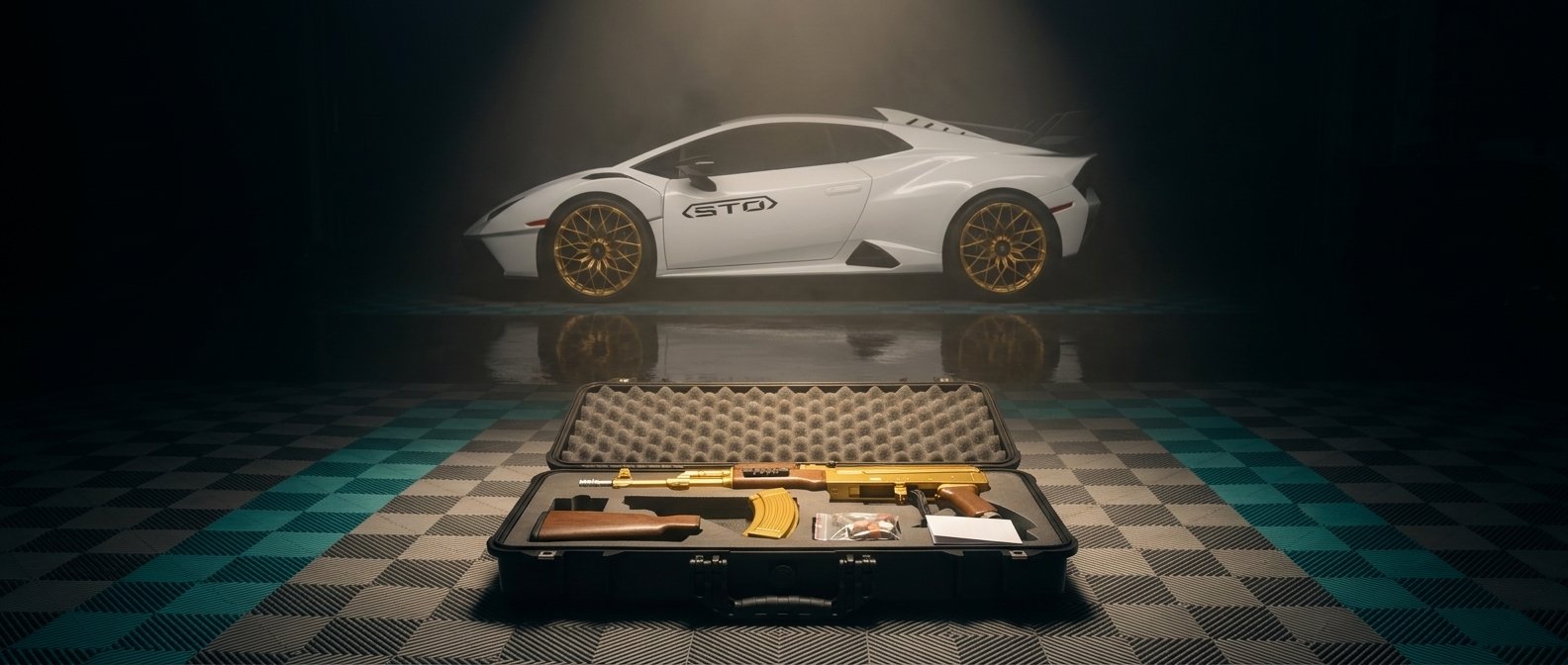 Open vault case laid out before a spotlit white supercar