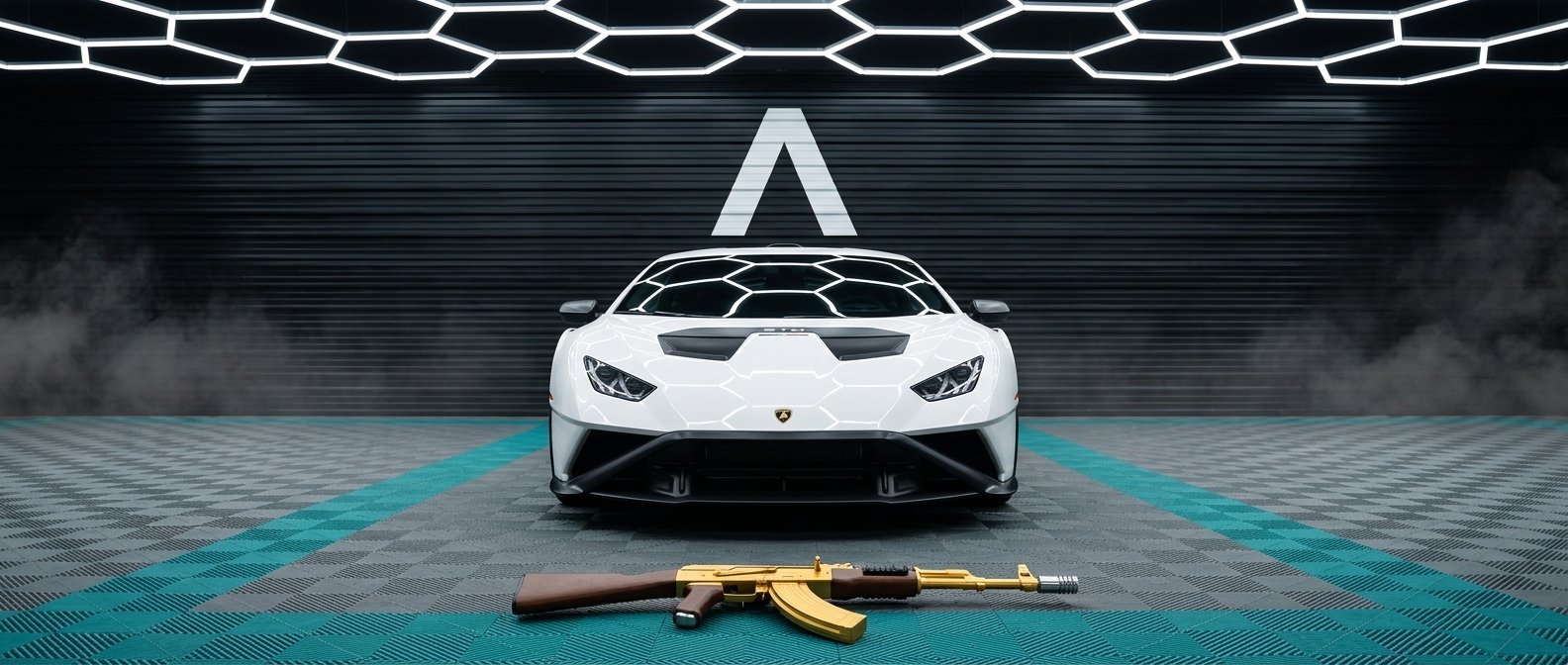 Dynasty in full profile on the bay floor before a white supercar