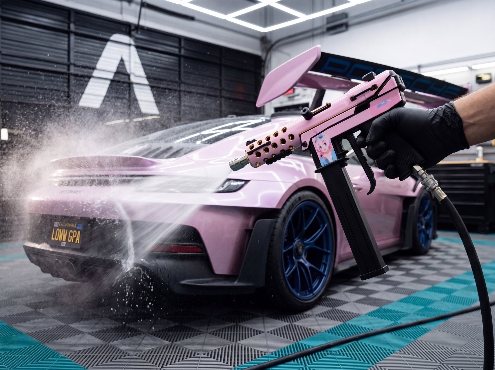 Apex Flamingo blasting water across the rear of a pink 911