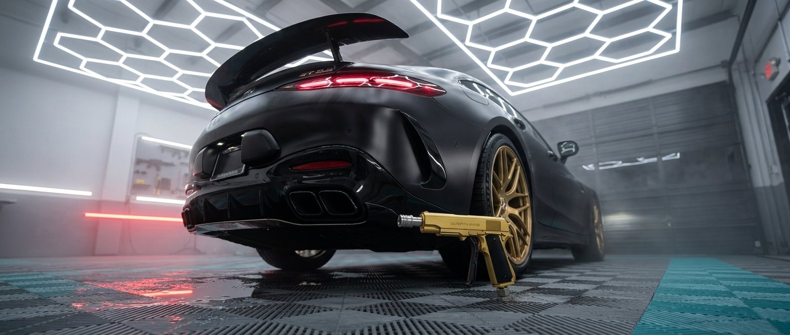 Gold Hand propped behind the coupe under the bay lights