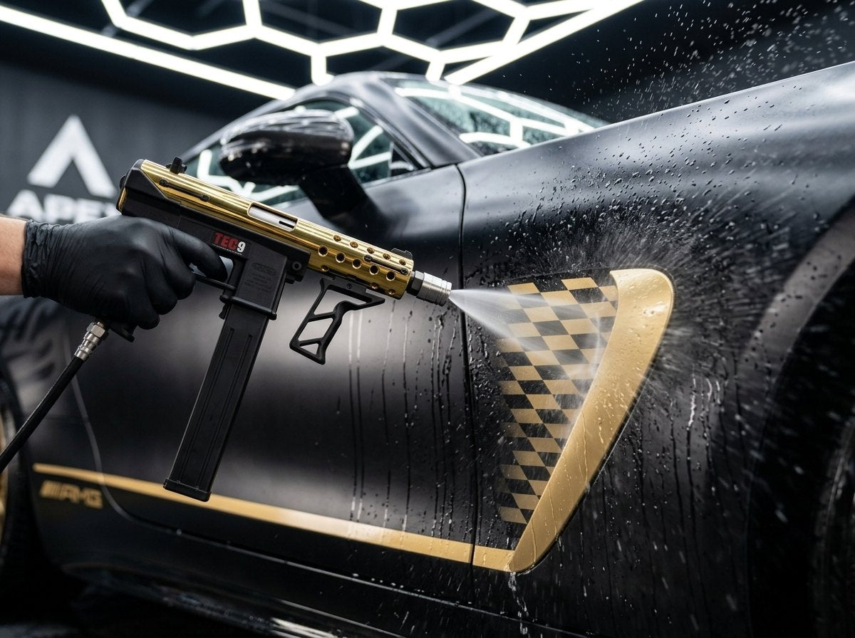 Jetting water at a black and gold coupe