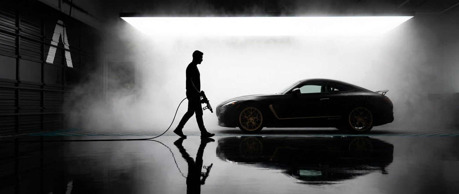 Silhouetted detailer walking toward a fog-shrouded coupe with Goldie