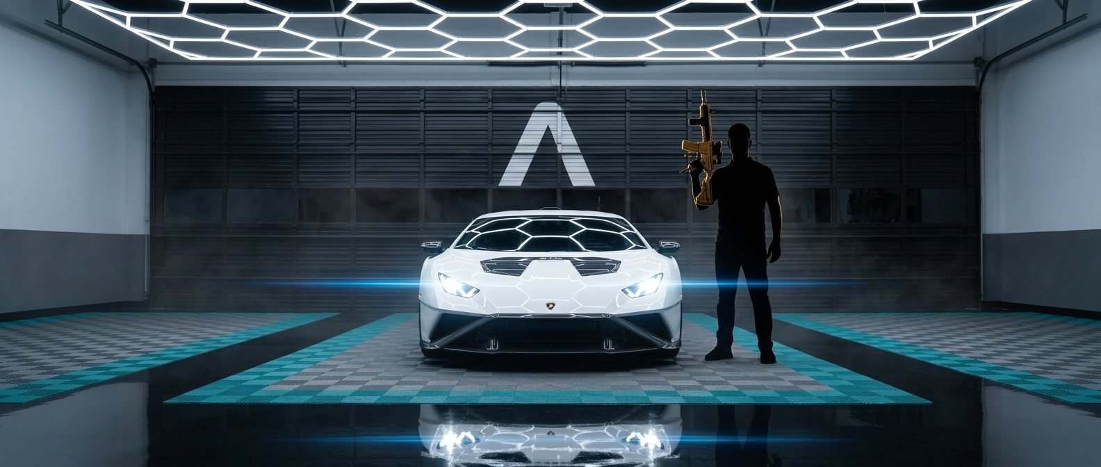 Silhouetted figure holding Midas beside the white supercar under the A logo