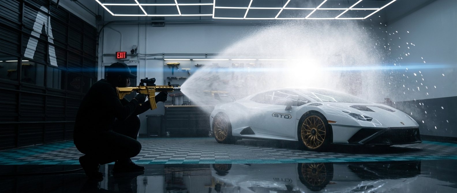 Silhouetted operator firing a glowing spray fan across the supercar
