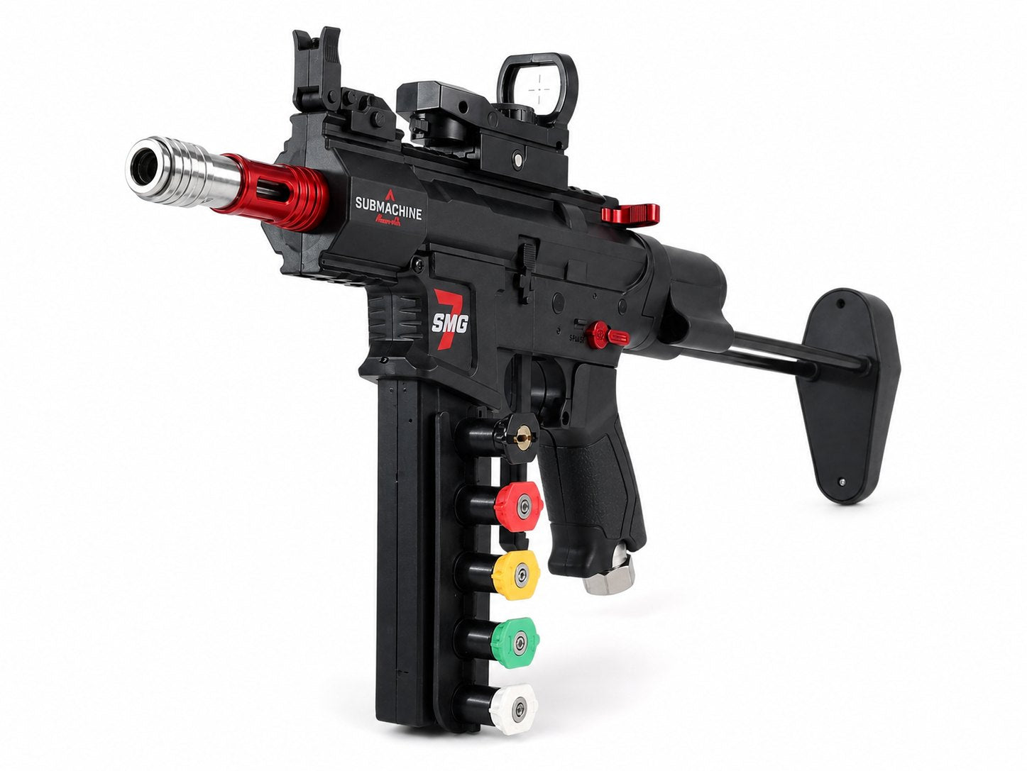Apex Prime — SMG-7 blackout red car-wash spray gun with 4-tip kit