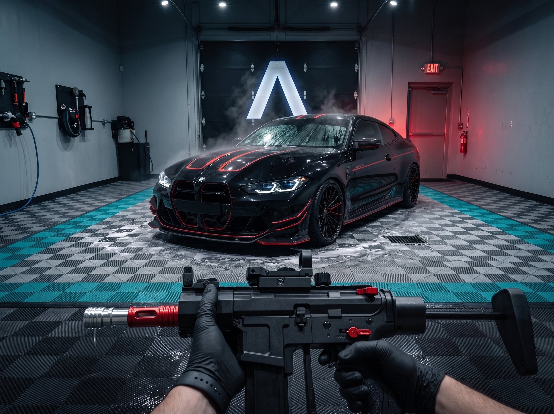 Apex Prime aimed at a black coupe in the wash bay