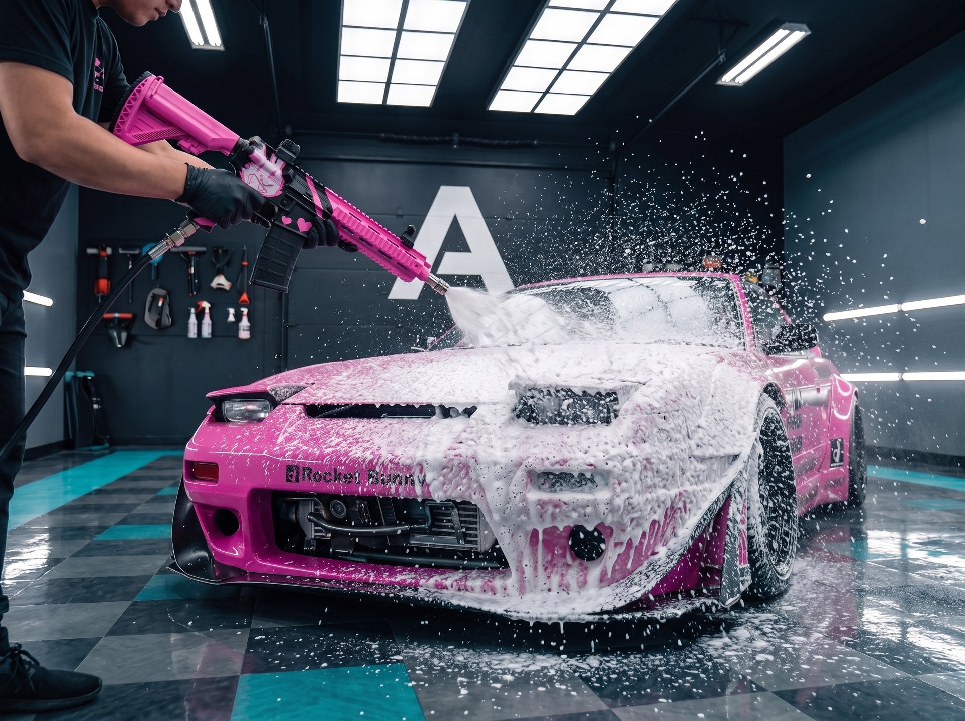 Apex Sakura foaming down a pink widebody in the wash bay