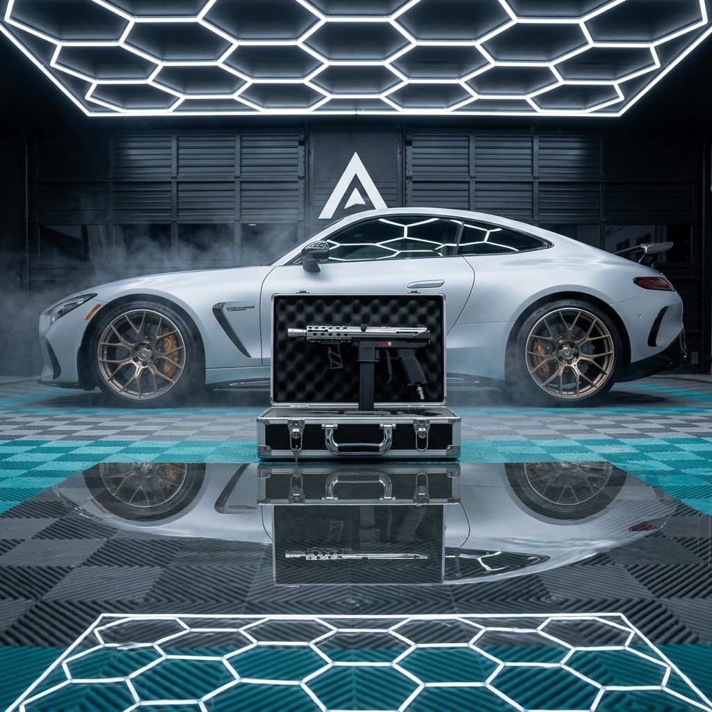 Open case in front of the silver coupe