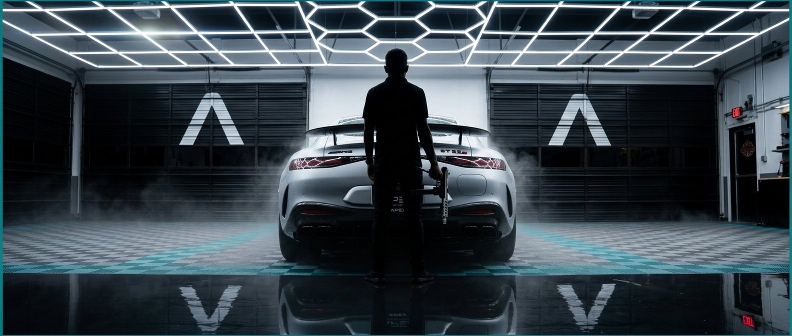 Silhouetted detailer with Sterling behind the silver coupe