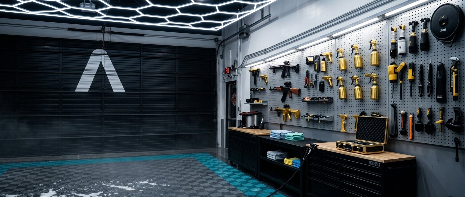 The Apex armory wall — finishes and gear on pegboard in the bay
