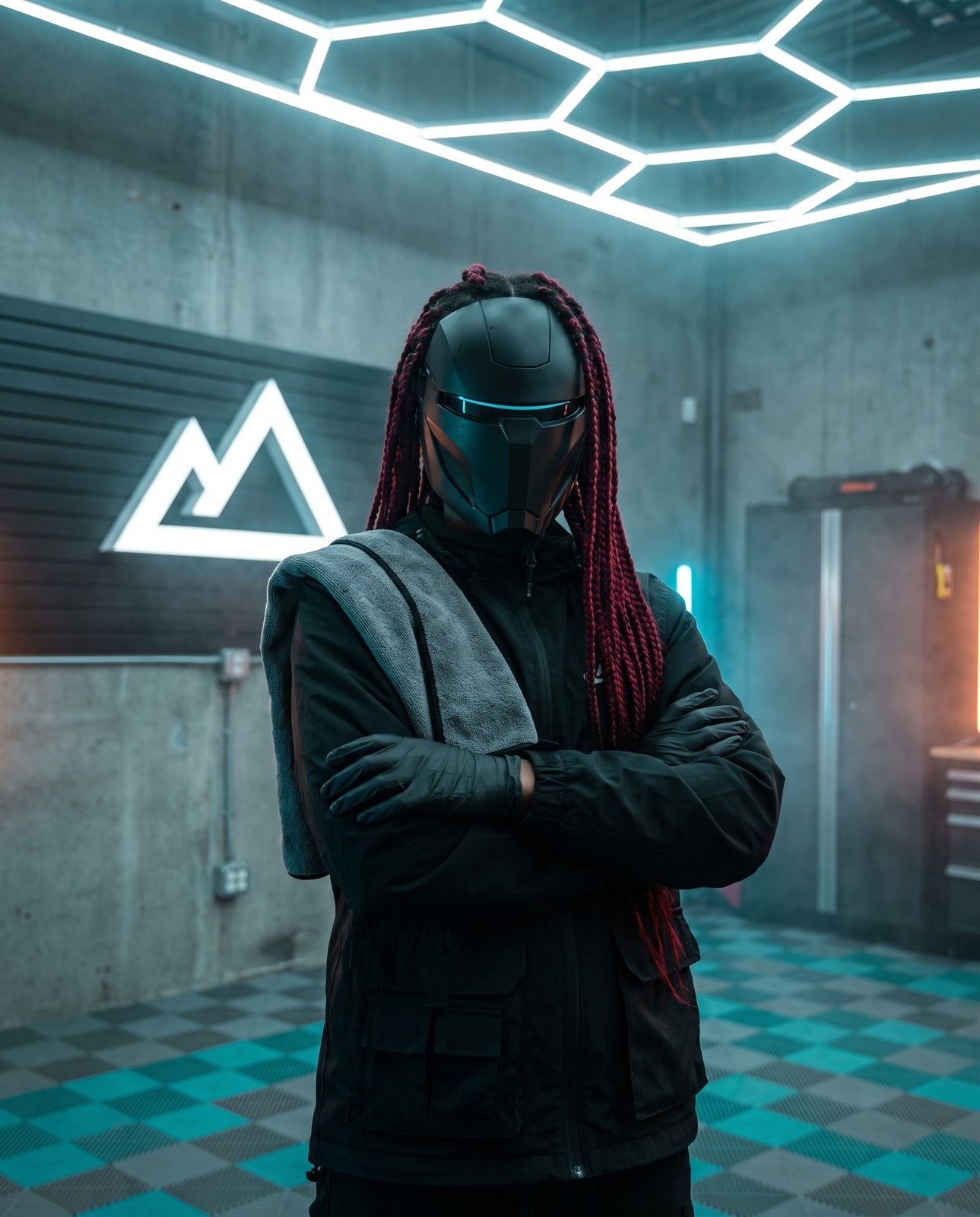 The Apex operator — masked figure with red dreads and a microfiber over one shoulder