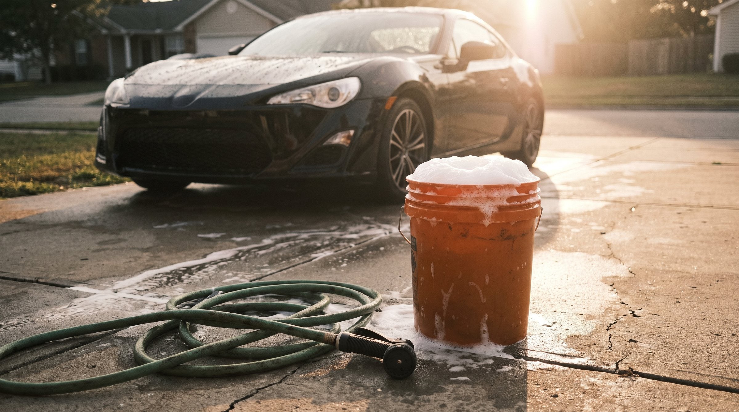 A foam bucket and old garden hose on a golden-hour driveway